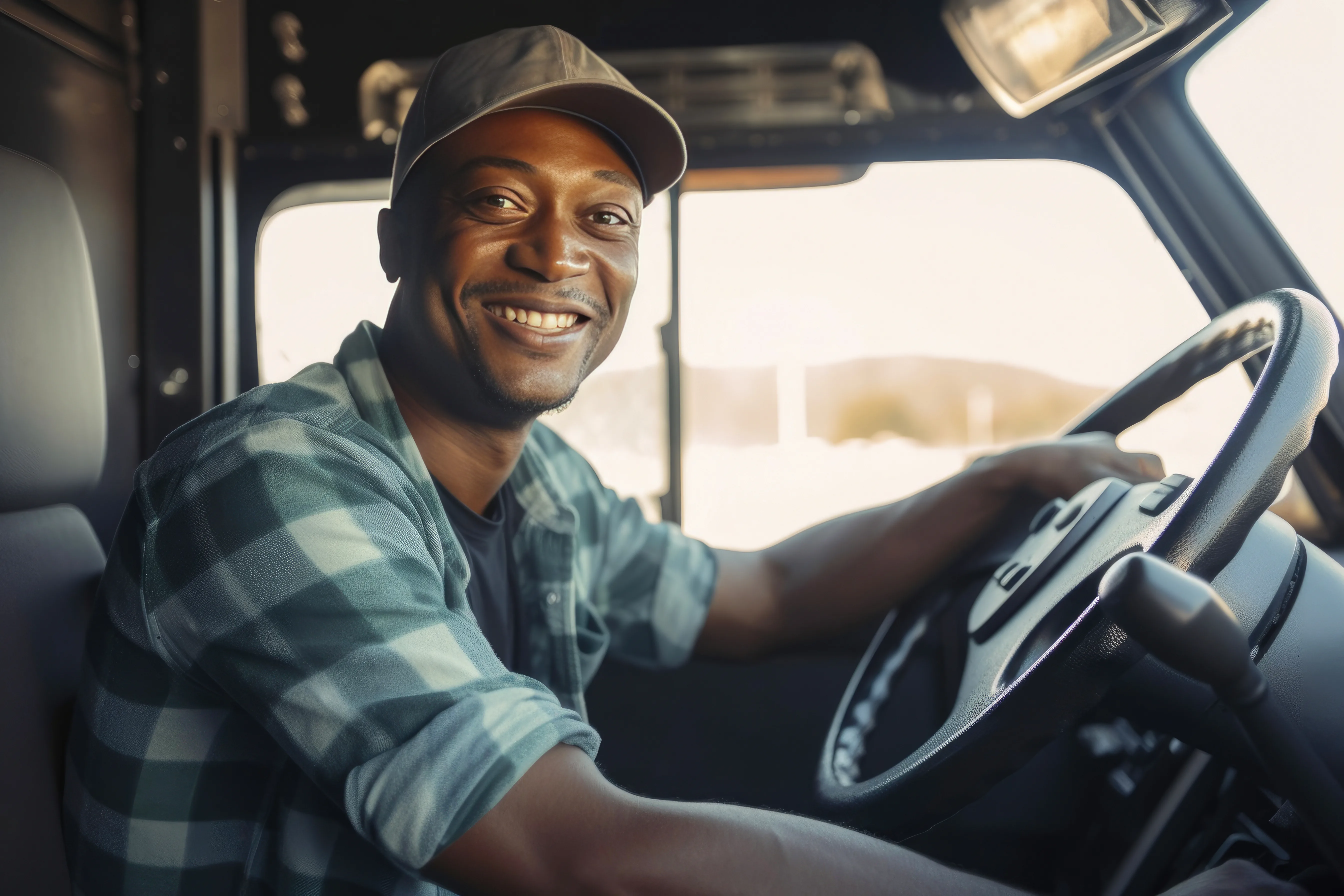 Owner operator smiling confidently at the wheel of their commercial truck